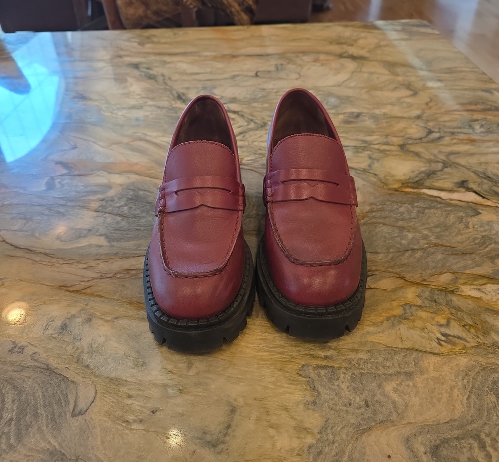 Women's Burgundy Leather Penny Loafers with Lug Sole